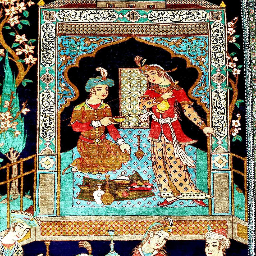 【酒宴はお城の庭で】ペルシャ絨毯　シルク手織り　ふたりの王子4人の召使い