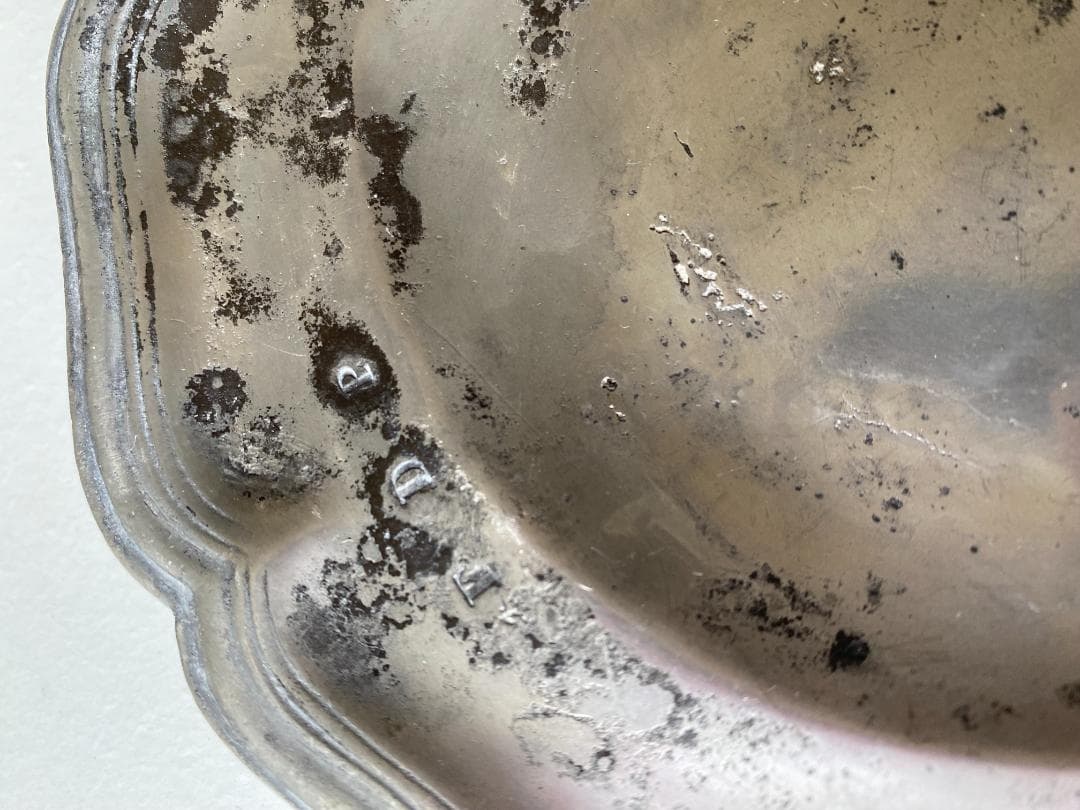 フランス アンティーク 枯れた エタン ピューター 花リム ラヴィエ 平皿