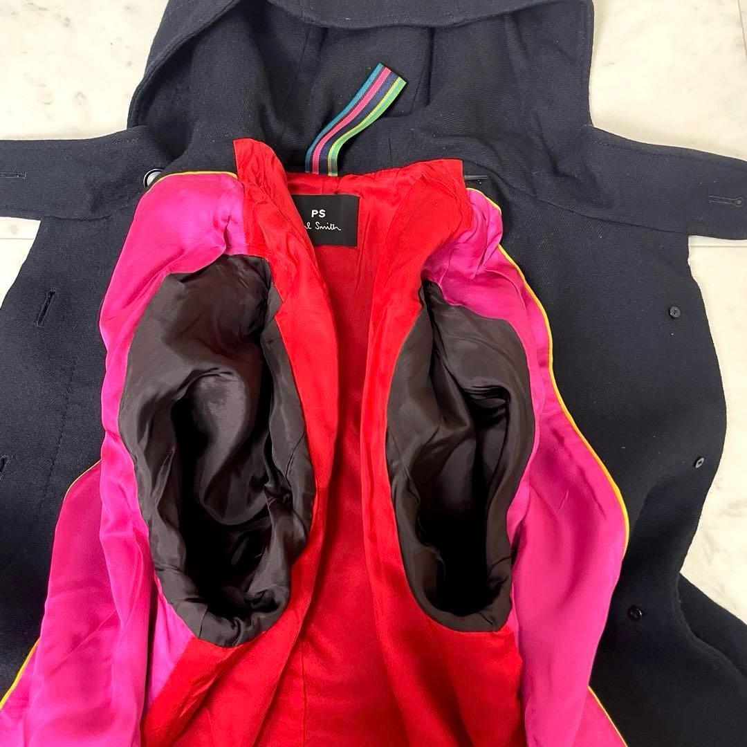 【美品】ピーエスポールスミス ウールコート フーディ ストライプ L 黒 赤