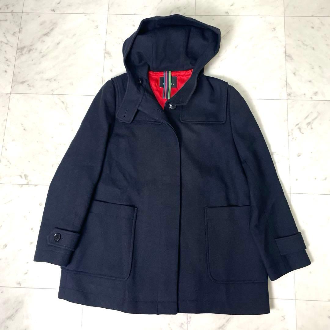 【美品】ピーエスポールスミス ウールコート フーディ ストライプ L 黒 赤