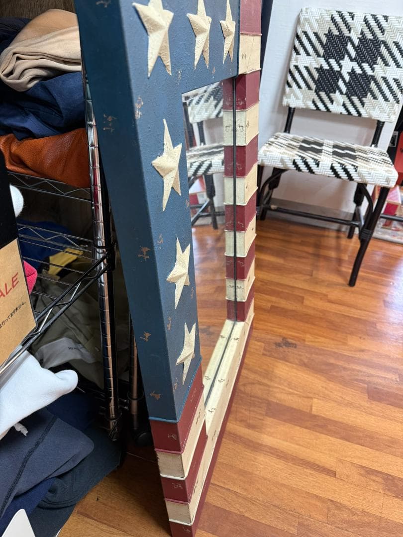 WTW ヴィンテージ風 星条旗 大型 スチール ウォールミラー 鏡