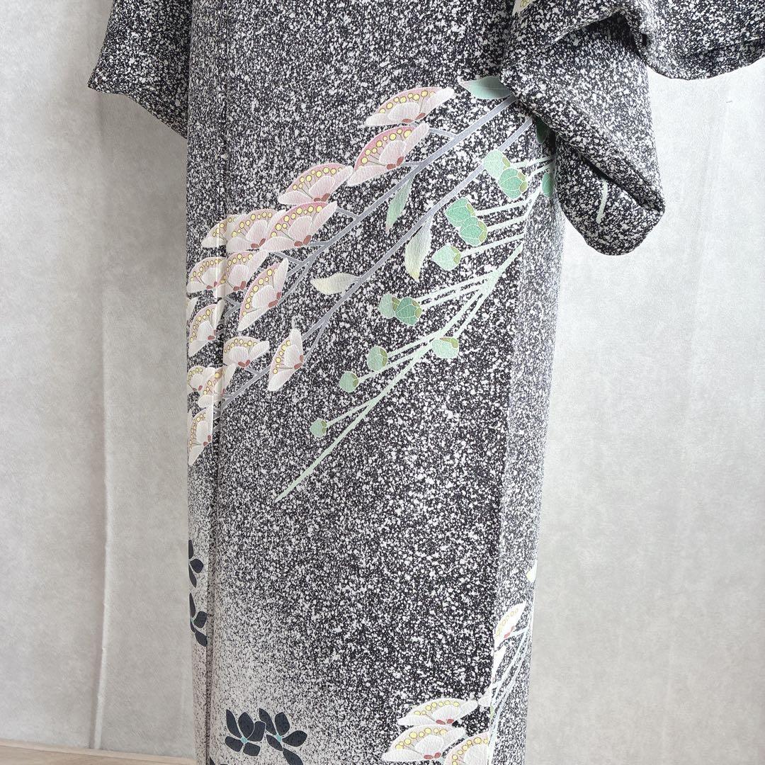 訪問着　フルセット　着物　正絹　黒　たたき染　大人モノトーン　墨花模様　N3