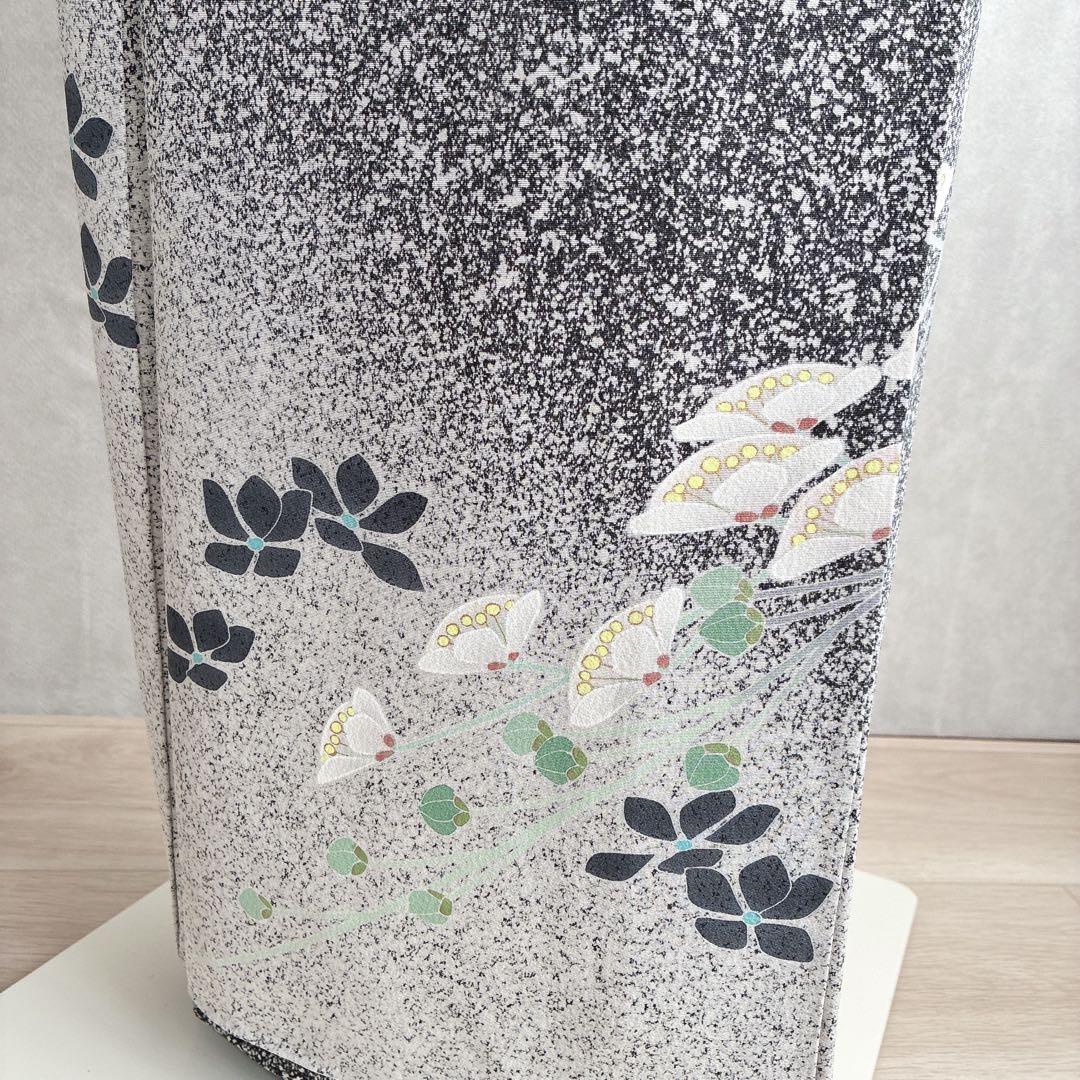 訪問着　フルセット　着物　正絹　黒　たたき染　大人モノトーン　墨花模様　N3