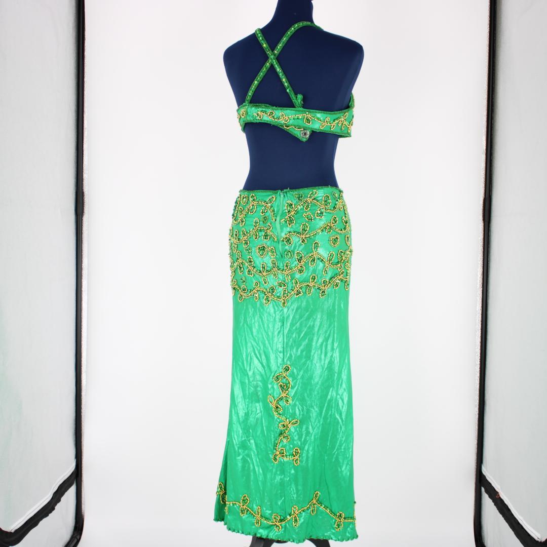 【ベリーダンス用オリエンタル衣装】ラメ入りグリーン ゴールド セットアップ