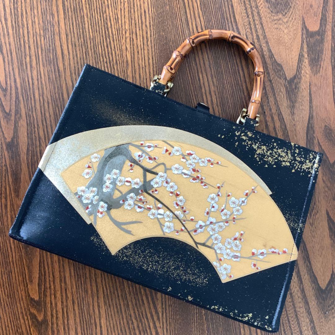 きらめく扇面に刺繍の白梅　袋帯　リメイク　バンブーハンドルバッグ　浅型マチ広め