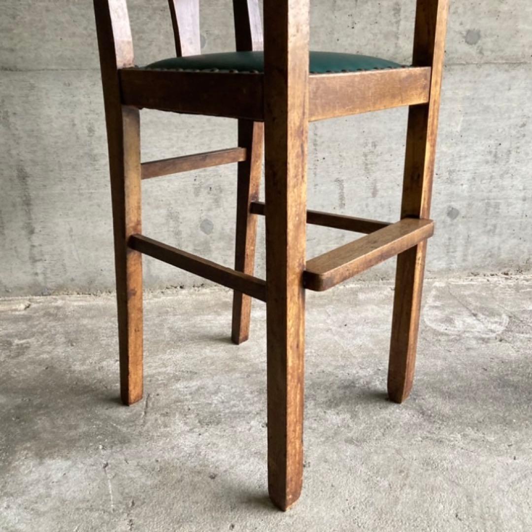 古い味のある子供椅子 ハイチェア 木製 飾り台 緑色 家具 レトロ ヴィンテージ