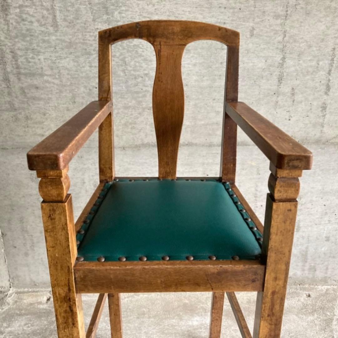 古い味のある子供椅子 ハイチェア 木製 飾り台 緑色 家具 レトロ ヴィンテージ