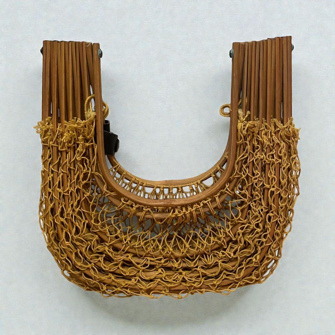 折りたたみかごバッグ　ピーコックバッグ　ヴィンテージ　レトロ　竹　イエロー