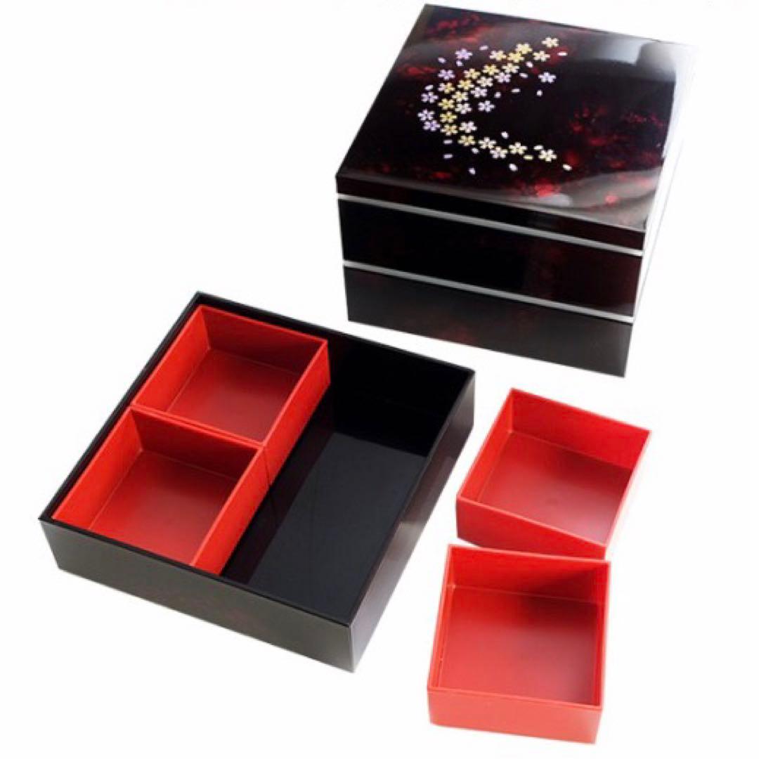 【新品未使用】 紀州塗り 三段重箱 漏れ防止蓋付き 桜柄 お花見弁当箱