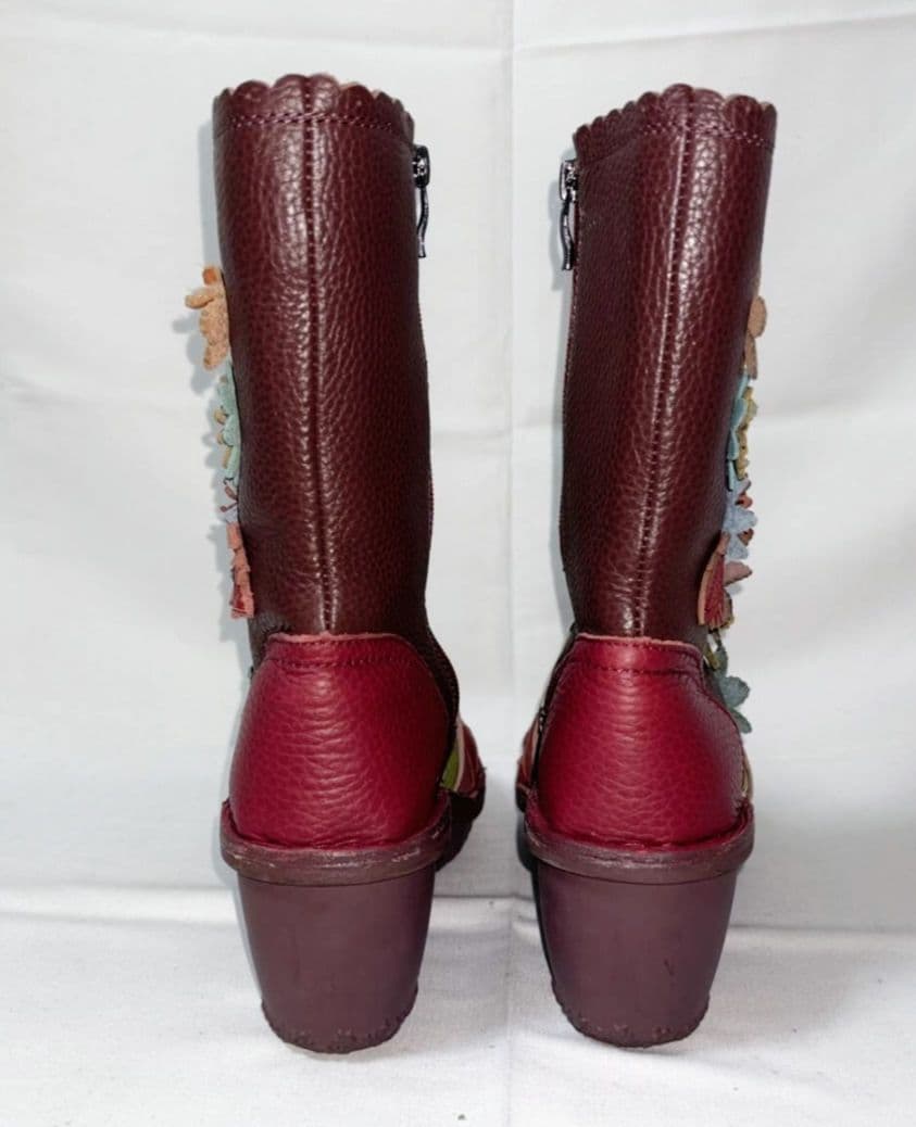 Estacion フラワーモチーフ　レザー　ミドルブーツ　ワインカラーマルチ　L