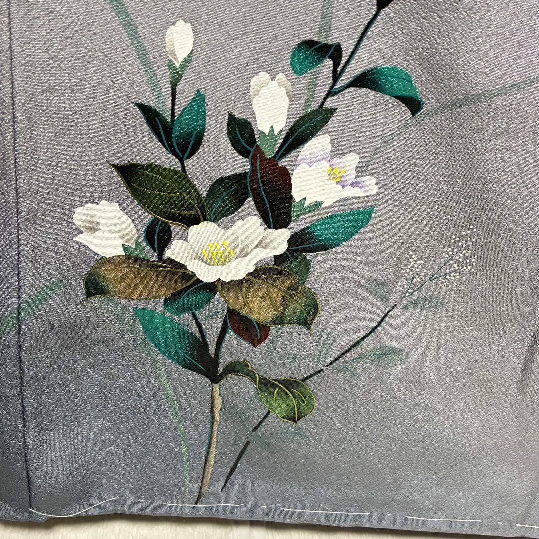 D73 訪問着 花模様 グレー 丹後縮緬 正絹着物 袷 しつけ糸付き未使用極美品