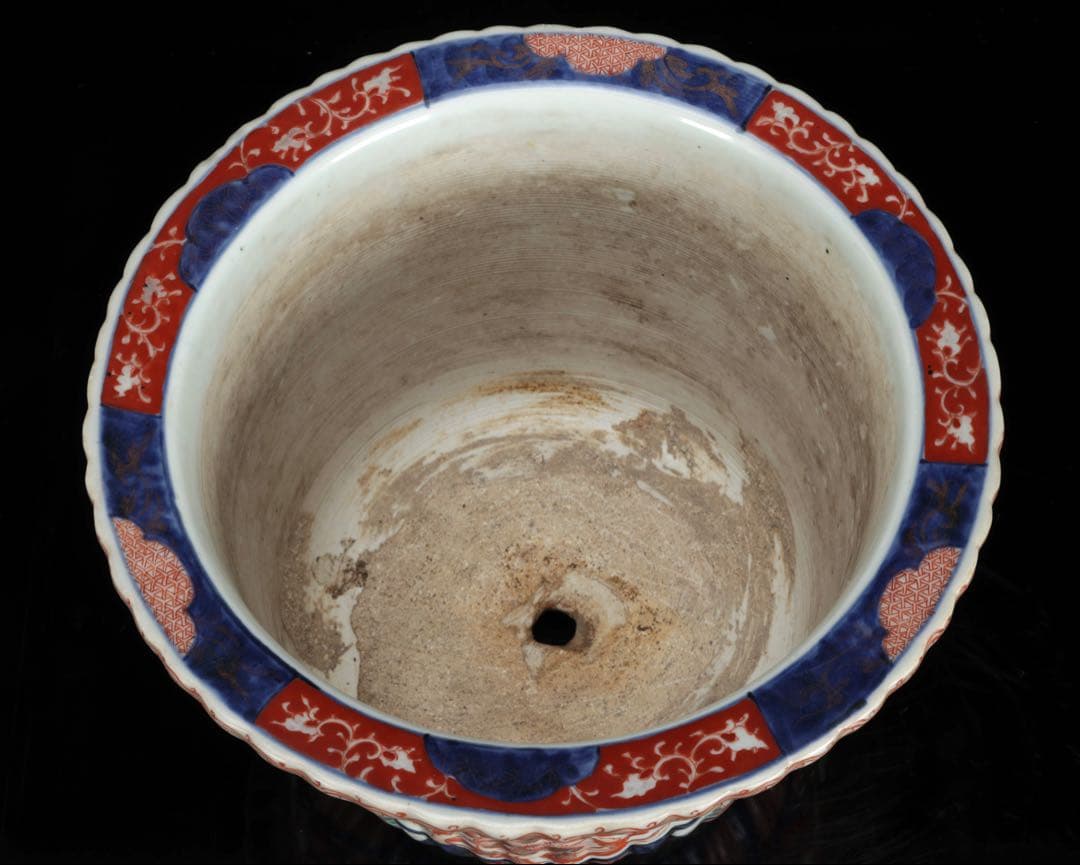 古伊万里 錦手丸鉢 色絵窓絵 鳳凰獅子文 植木鉢 蘭鉢 盆栽鉢 古美術 骨董品