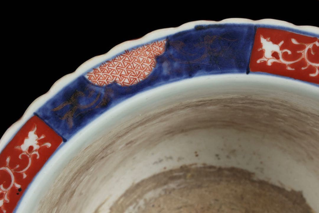 古伊万里 錦手丸鉢 色絵窓絵 鳳凰獅子文 植木鉢 蘭鉢 盆栽鉢 古美術 骨董品