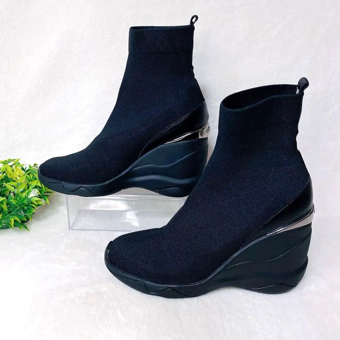 未使用級+ダイアナ ニットスニーカーブーツ 24cm 黒 軽量 ウェッジソール