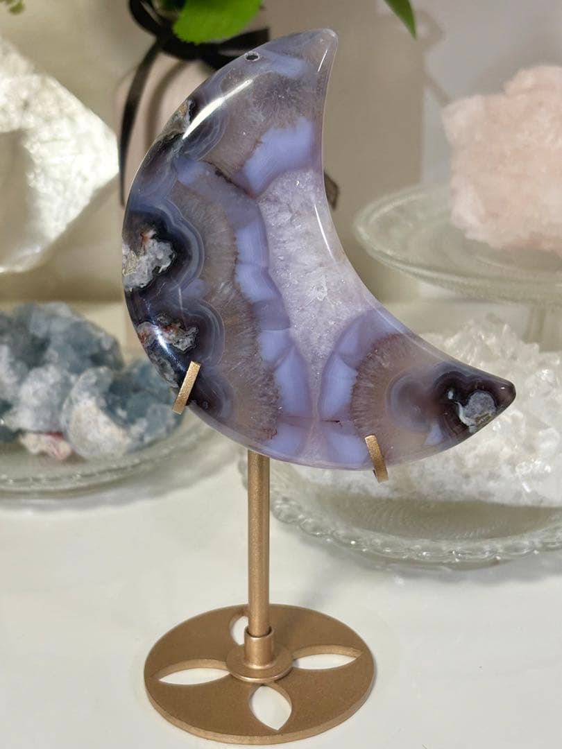 高品質　ブルーフラワーアゲート　ブルー桜瑪瑙　月　ムーン　スタンド付き