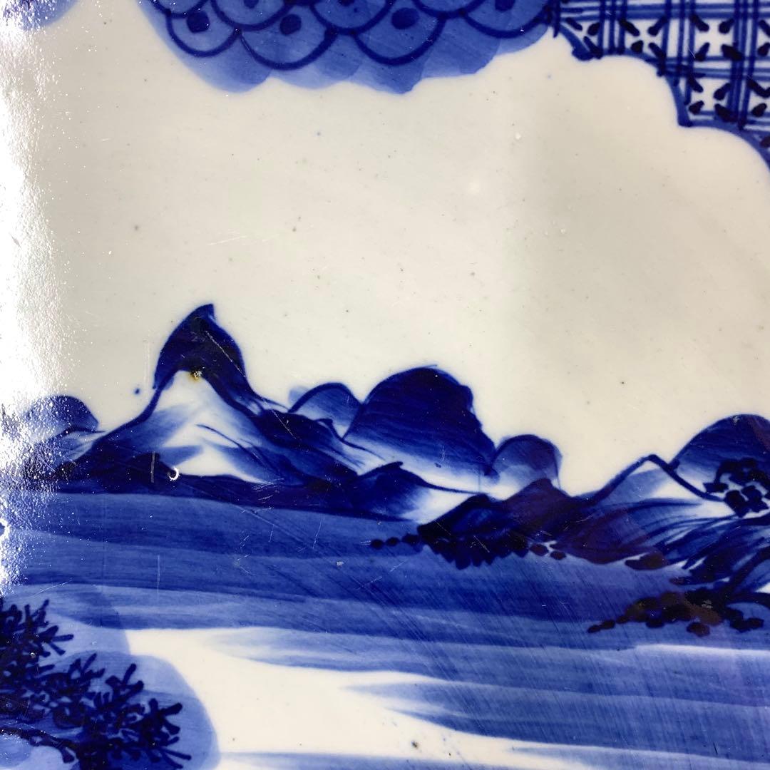 直径53cm ! 大皿 山水図 花 藍色 アンティーク 盛り付け皿 ⑤