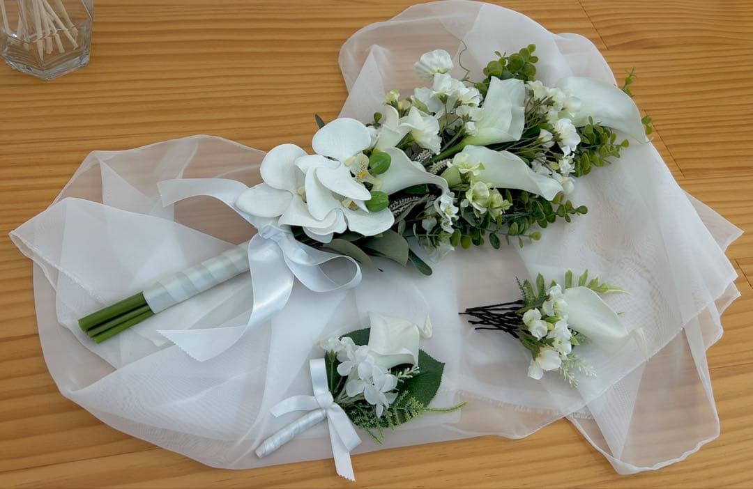 アーティフィシャルフラワーウエディングブーケ、ブートニア、ヘッドセット、3点