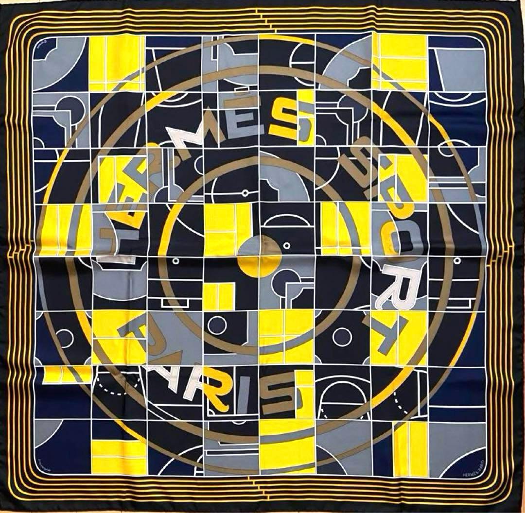 美品 エルメス シルクスカーフ カレ90 エルメススポーツ 黒色 黄色 灰色