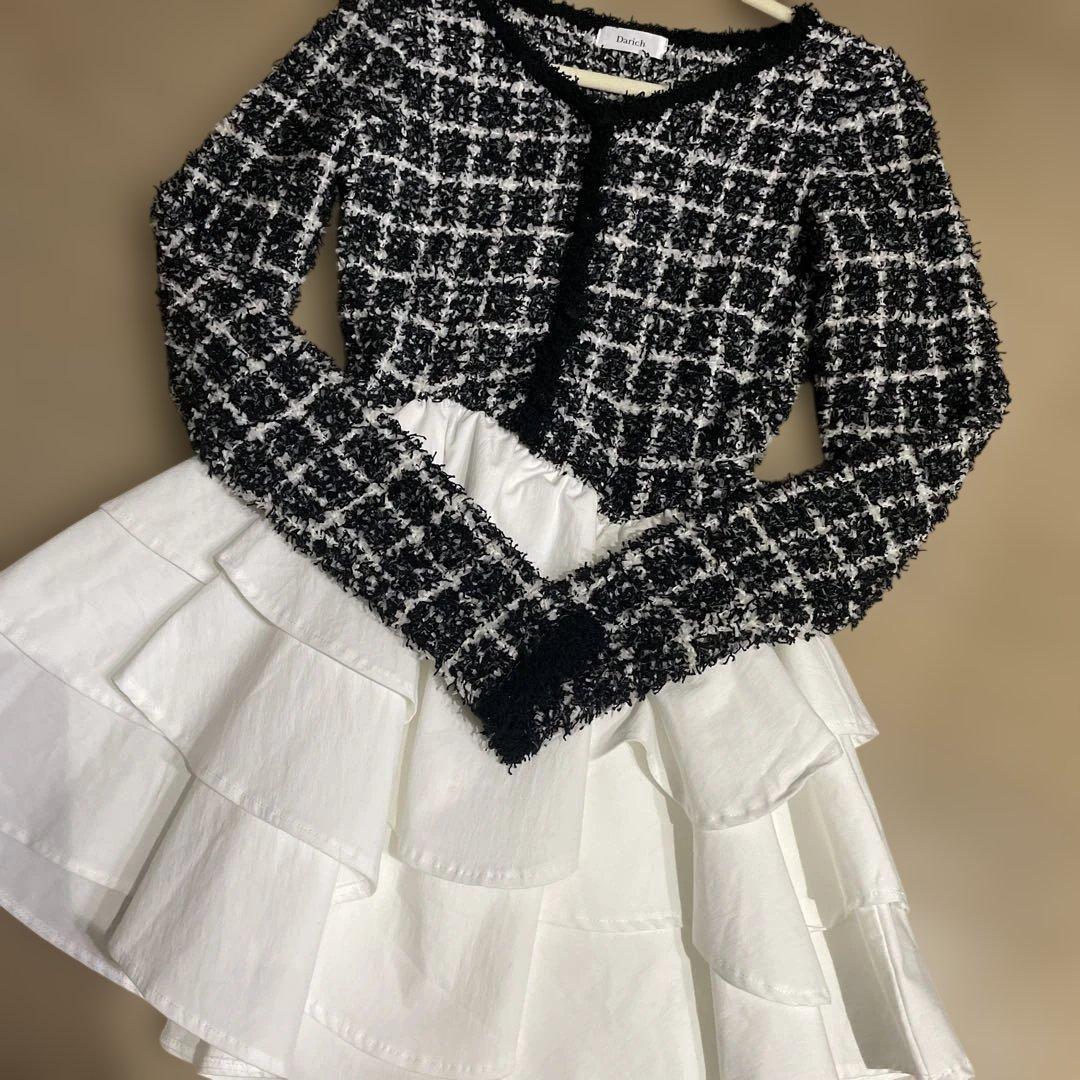 Darich ボリュームフリルツイードニットミニワンピース BLK