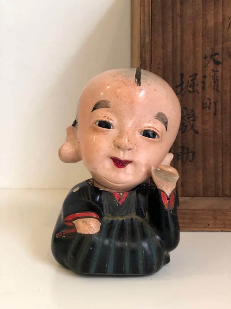大正5年　福助人形　胡粉仕上げオープンマウス　骨董品　首動人形 インテリア　置物