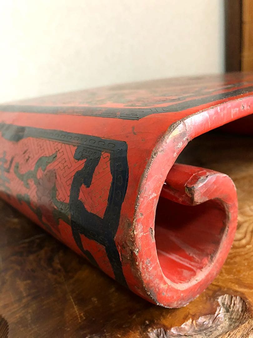 中国美術 重量級 大清乾隆年製 花鳥紋 朱塗 巻き台 香台 花台 盆栽台2.6㎏