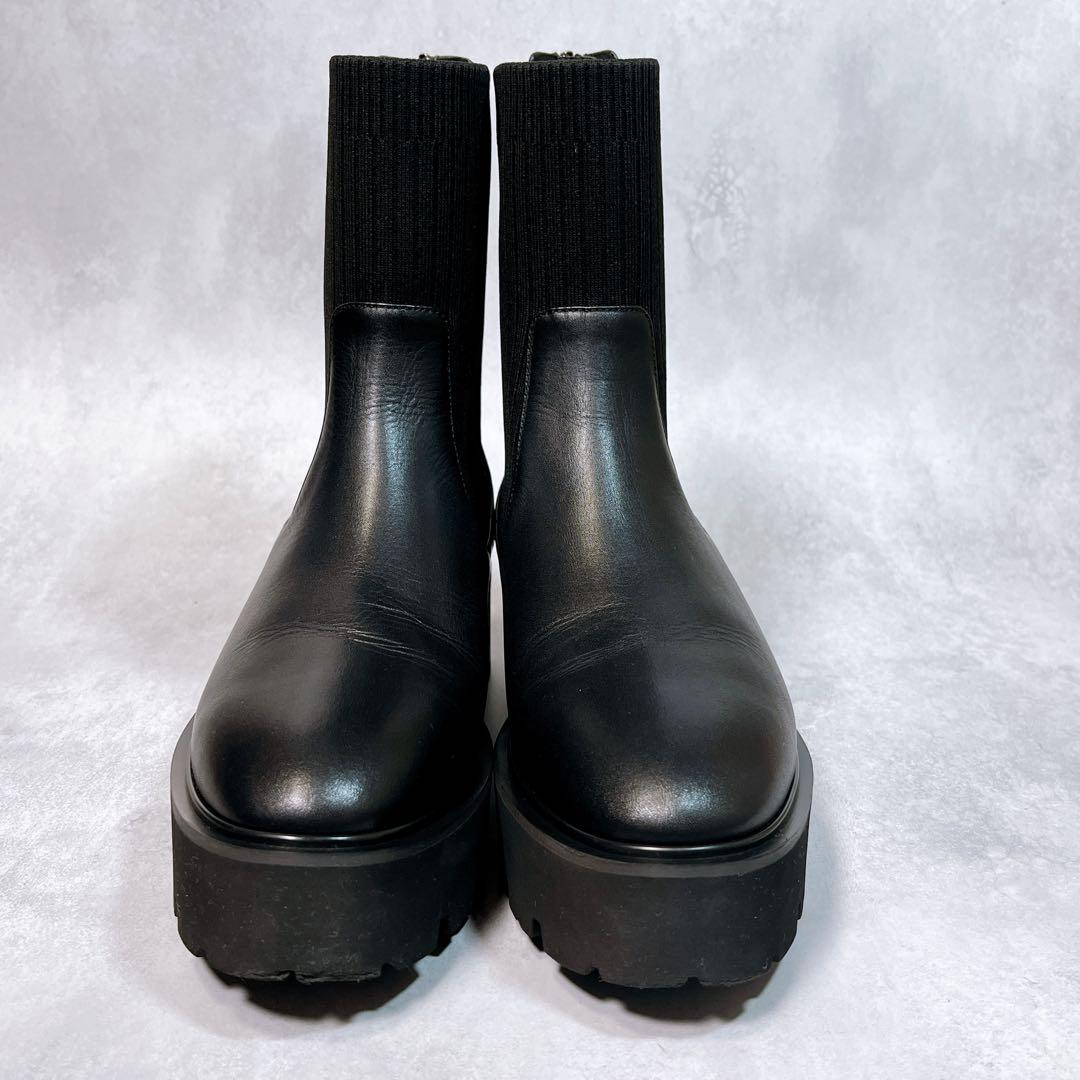 ☆美品☆【銀座かねまつ】アクアベルリブニットショートブーツ (24) 厚底　黒