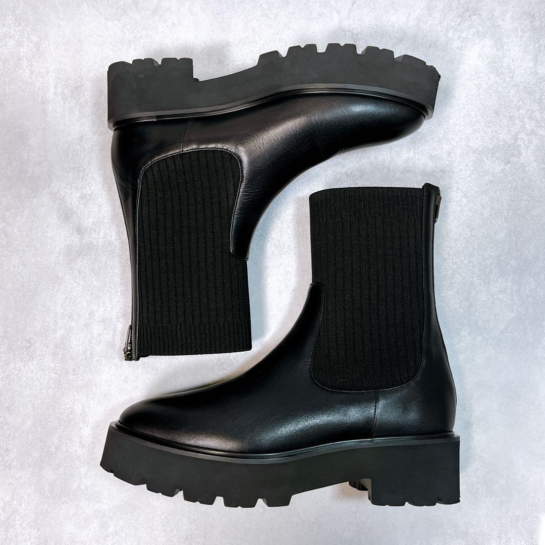 ☆美品☆【銀座かねまつ】アクアベルリブニットショートブーツ (24) 厚底　黒