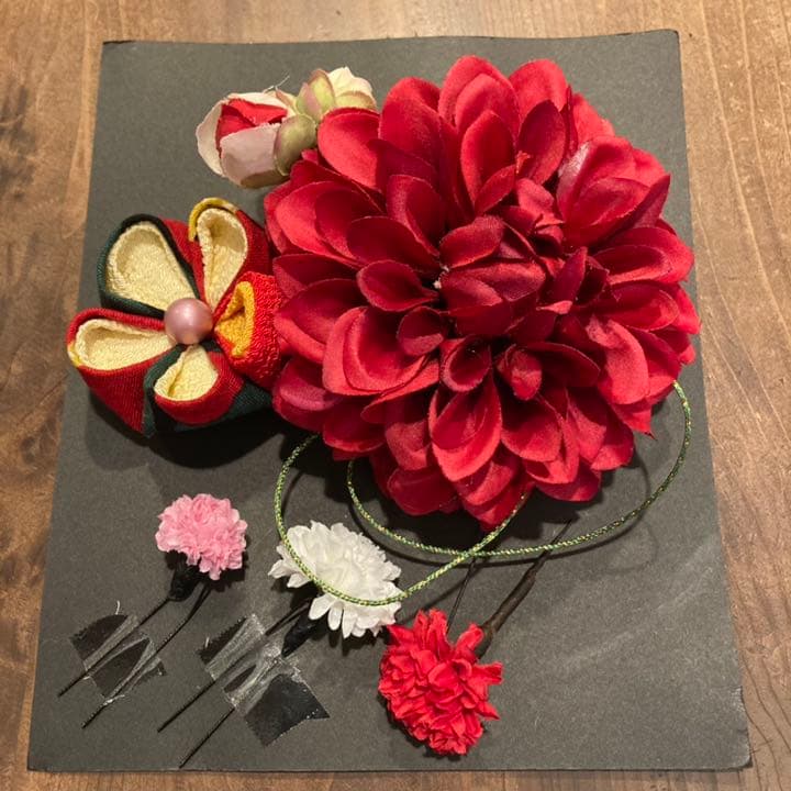 半襟　髪飾り　成人式　振袖　着物　ダリア　和モダン　赤　モダン　前撮り