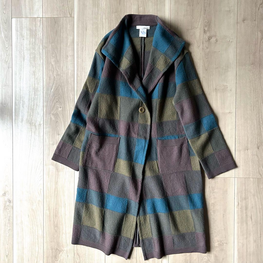 ほぼ未使用＊佐藤繊維 イイネス チェック柄 パッチワーク 圧縮ニットコート