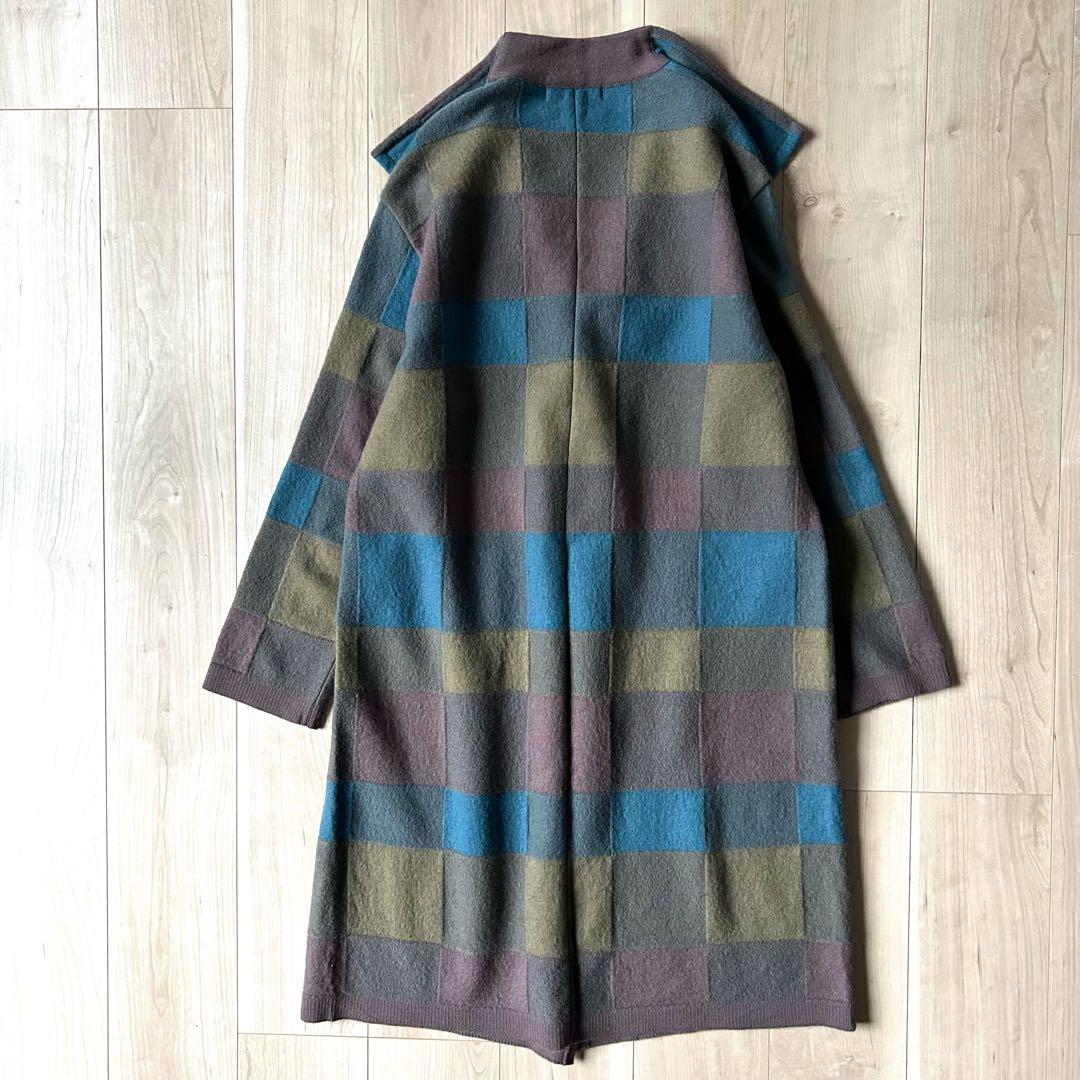 ほぼ未使用＊佐藤繊維 イイネス チェック柄 パッチワーク 圧縮ニットコート
