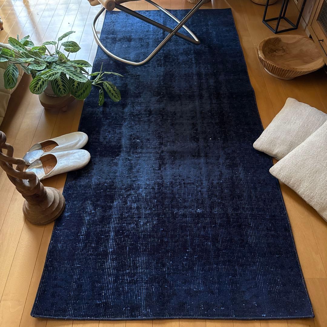 80.5×182 藍色オーバーダイ　ワンカラーラグ　トルコヴィンテージラグ