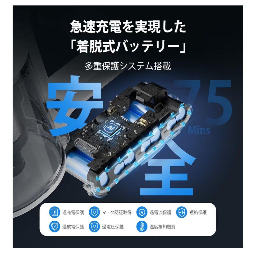 掃除機 コードレス 除菌機能搭載 75Kpa 超強力吸 自立式 65分連続稼働