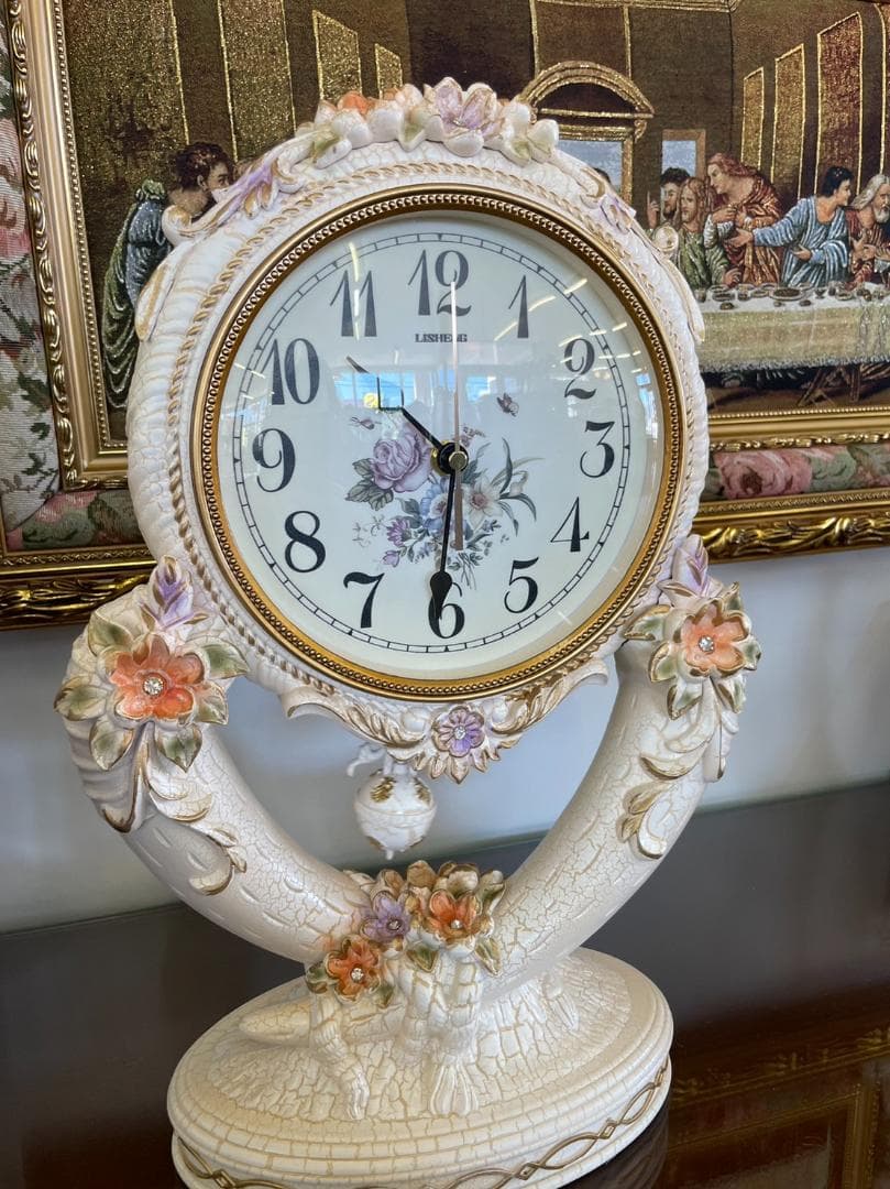 ロココ　振り子時計　置き時計　時計　クロック　姫　バラ　ピンク　アンティーク