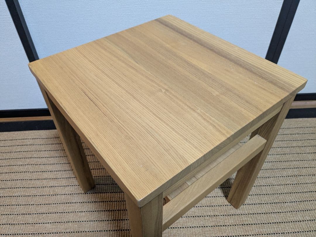 ●　無印良品、サイドテーブルベンチ、タモ材、棚付き、送料込み