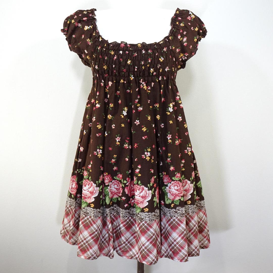 LIZLISA ワンピース 花柄 チェック柄 半袖 ブラウン フェアリーグランジ