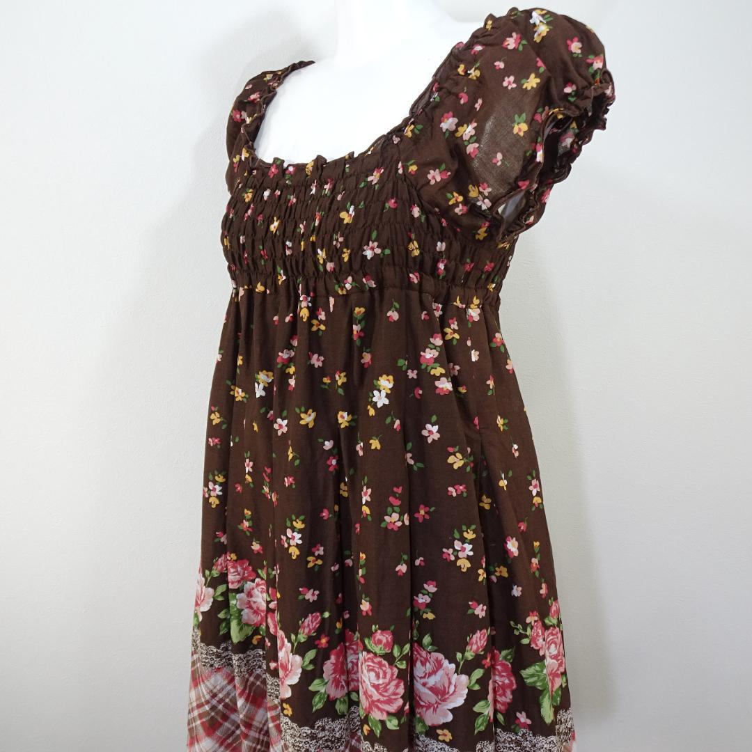 LIZLISA ワンピース 花柄 チェック柄 半袖 ブラウン フェアリーグランジ