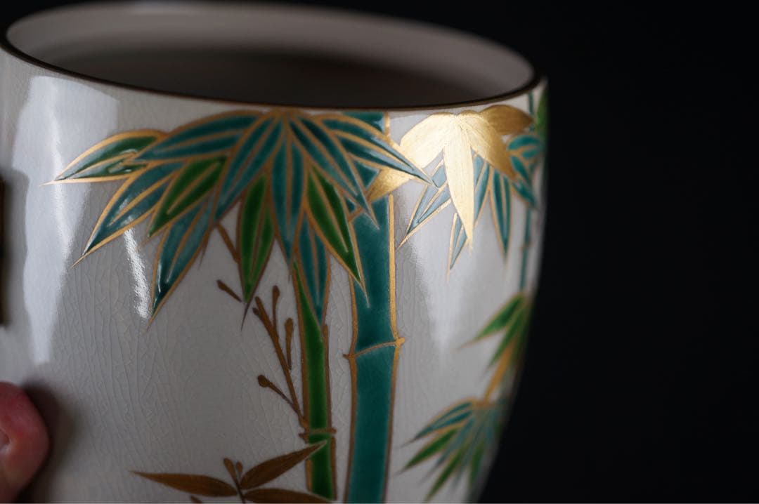 平安 京焼 手塚桐鳳 仁清写 竹絵付 竹形耳付 水指 共箱 茶道具