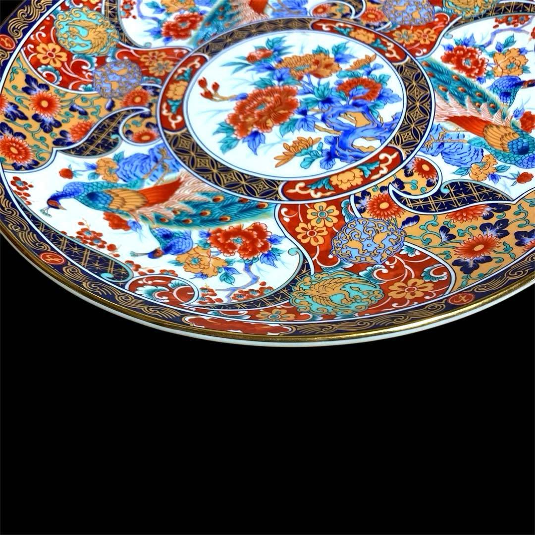 【希少】有田焼 丸五謹製 孔雀牡丹紋 48cm 特大 飾り皿 大皿 金彩 花鳥絵