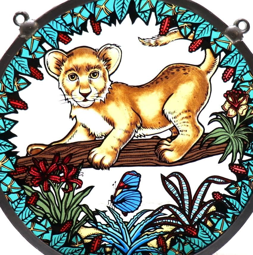 ライオンの赤ちゃんと蝶々 ヴィンテージ ステンドグラス アニマル バタフライ