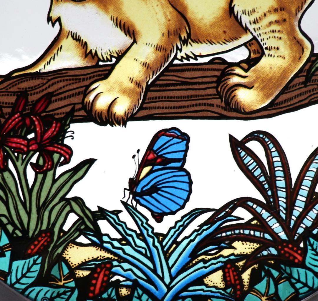 ライオンの赤ちゃんと蝶々 ヴィンテージ ステンドグラス アニマル バタフライ
