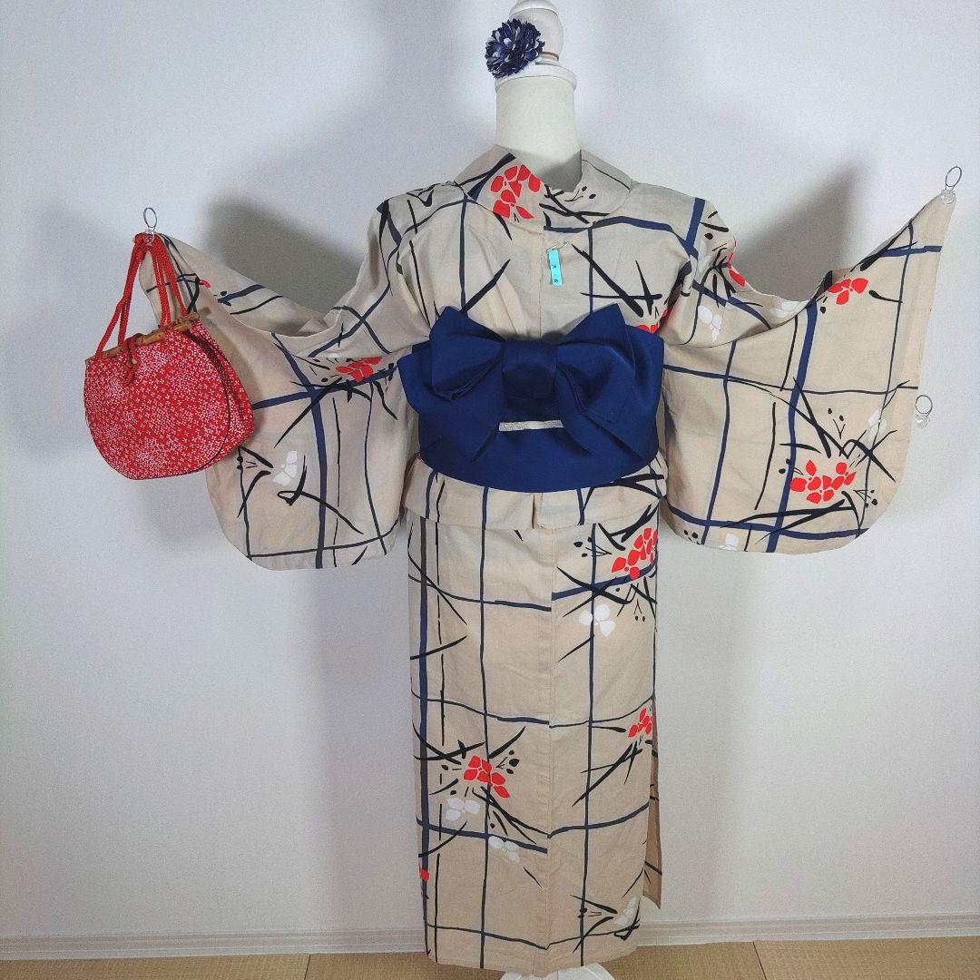 レトロ　レディース　浴衣セット　身丈145cm　ベージュ　赤　半幅帯　青 　小柄