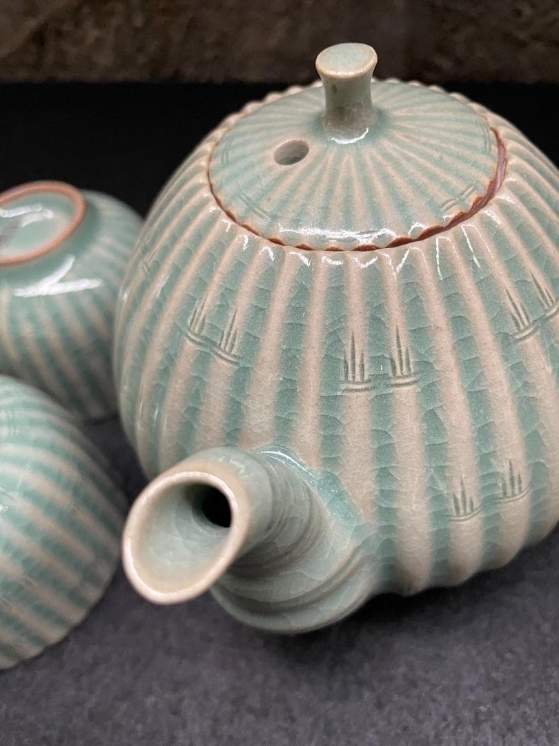 韓国 人間文化財 柳海剛 海剛 高麗 青磁 茶道具 茶器 骨董 急須 湯呑 美品