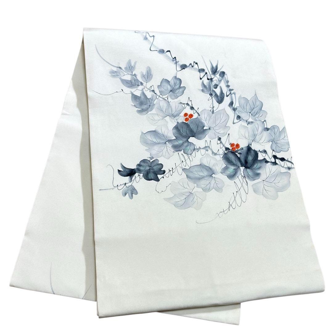 ユ56未使用　名古屋帯　盐濑 手絵 花柄 落款あ　着物 帯　仕立て上り　美品