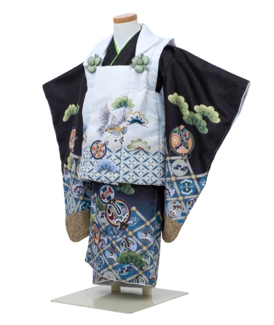 七五三 男の子 3歳 被布 7点セット 着物 黒 白