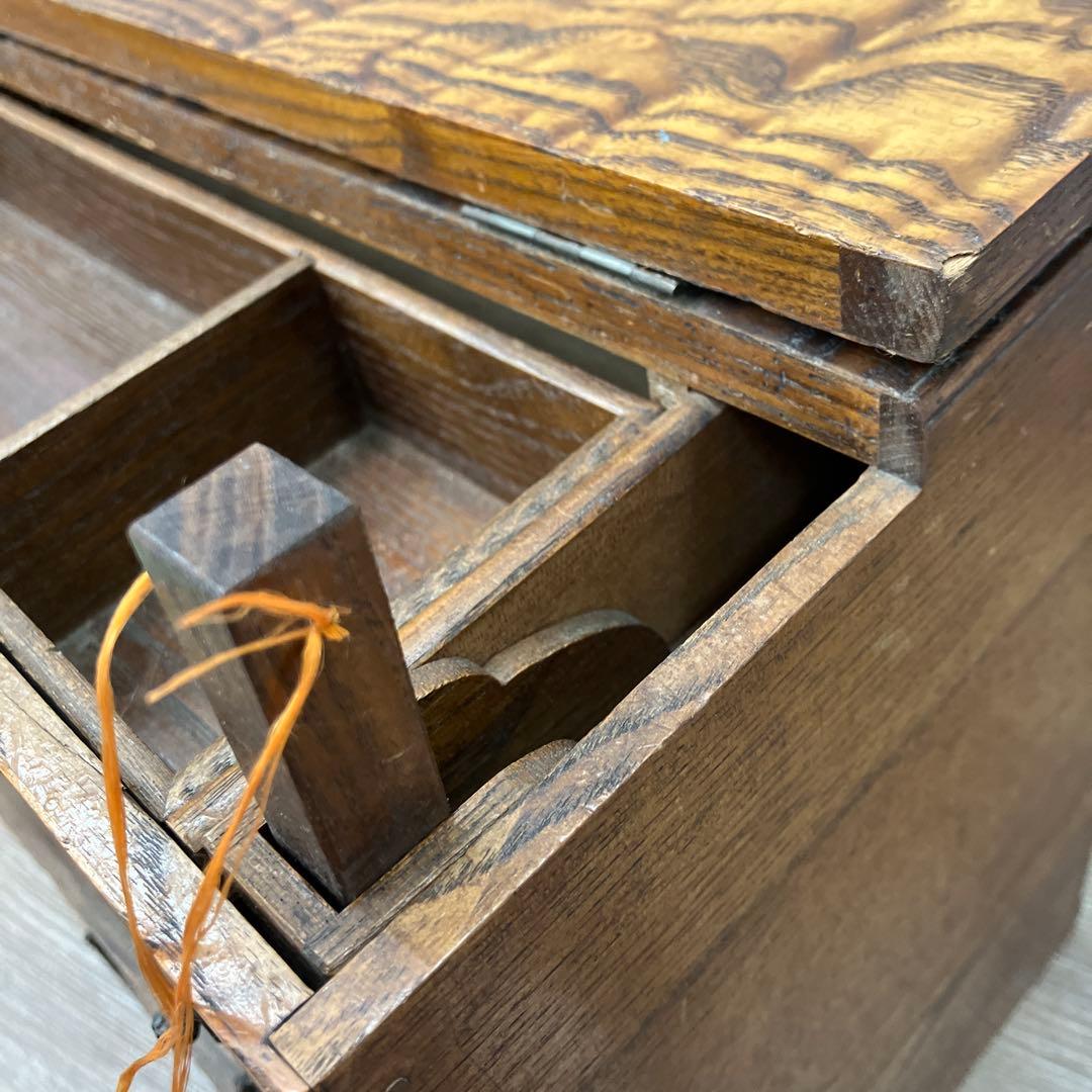 E-3 希少 昭和レトロ 木製 小引き出し 裁縫箱 ソーイングボックス 杢目