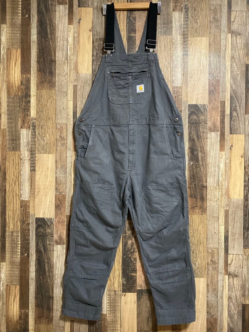 カーハート グレー系 オーバーオール メンズ ロゴ ファスナー パンツ 古着