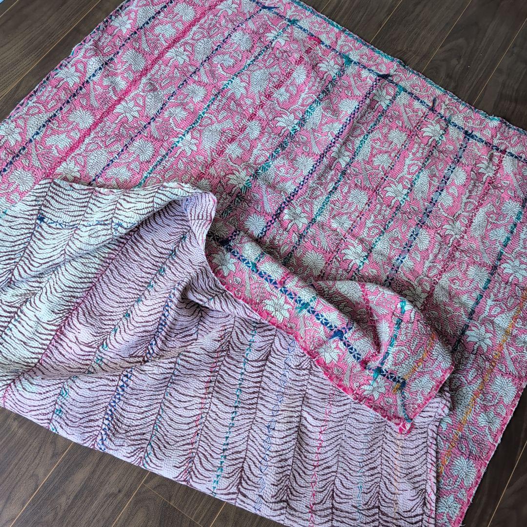 ピンク花柄 ブロックプリント ヴィンテージカンタキルト　ラリーキルト 690