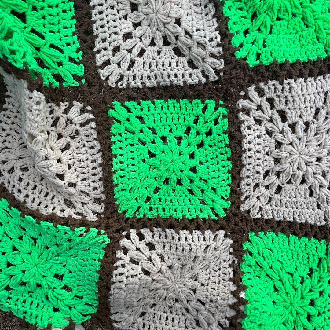 【USA vintage】グラニーブランケット　スクエア　グリーン　大判サイズ