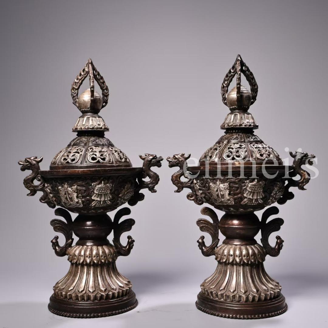 中国古美術・錾刻鎏銀 吉祥八宝鳳耳香炉セット・純銅製・高浮彫・熏香爐・仏具・置物