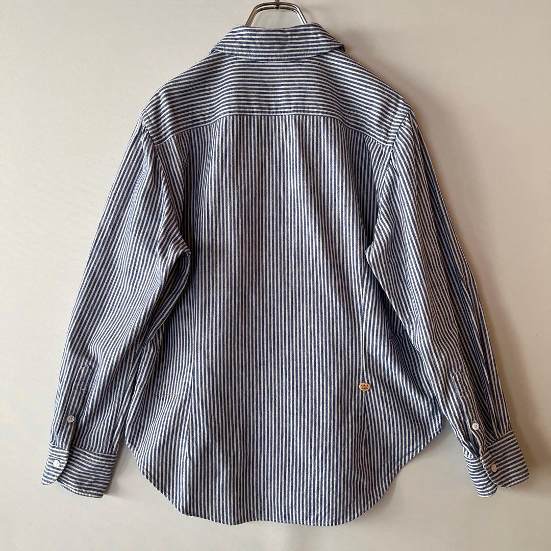 45R ストライプ柄 丸襟 コットンシャツ ブラウス 綿100% サイズ2 青白